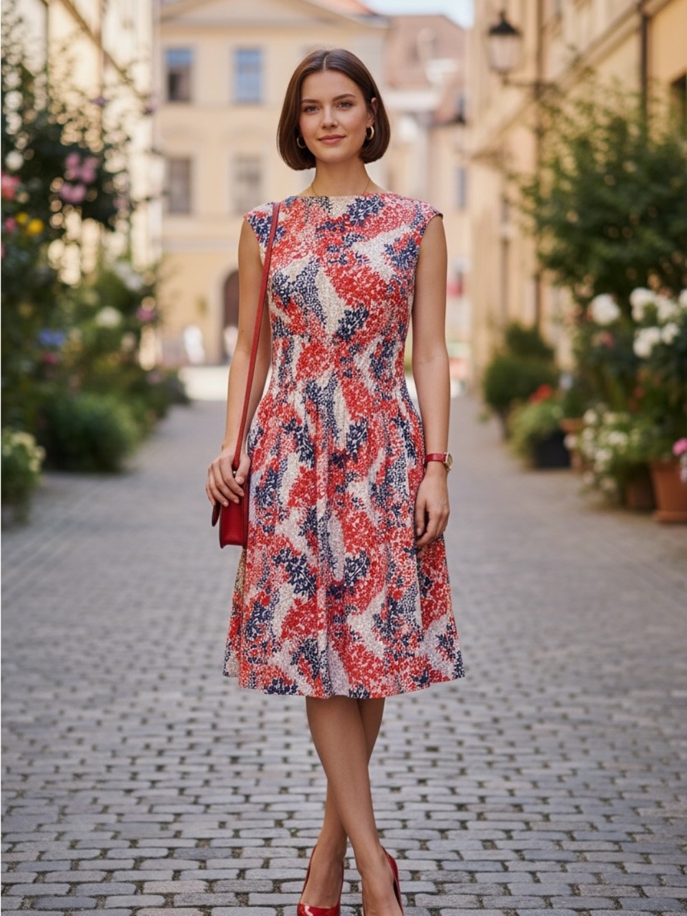 Jessica Simpson Size 8 Red and Navy Floral A-Line Midi Dress